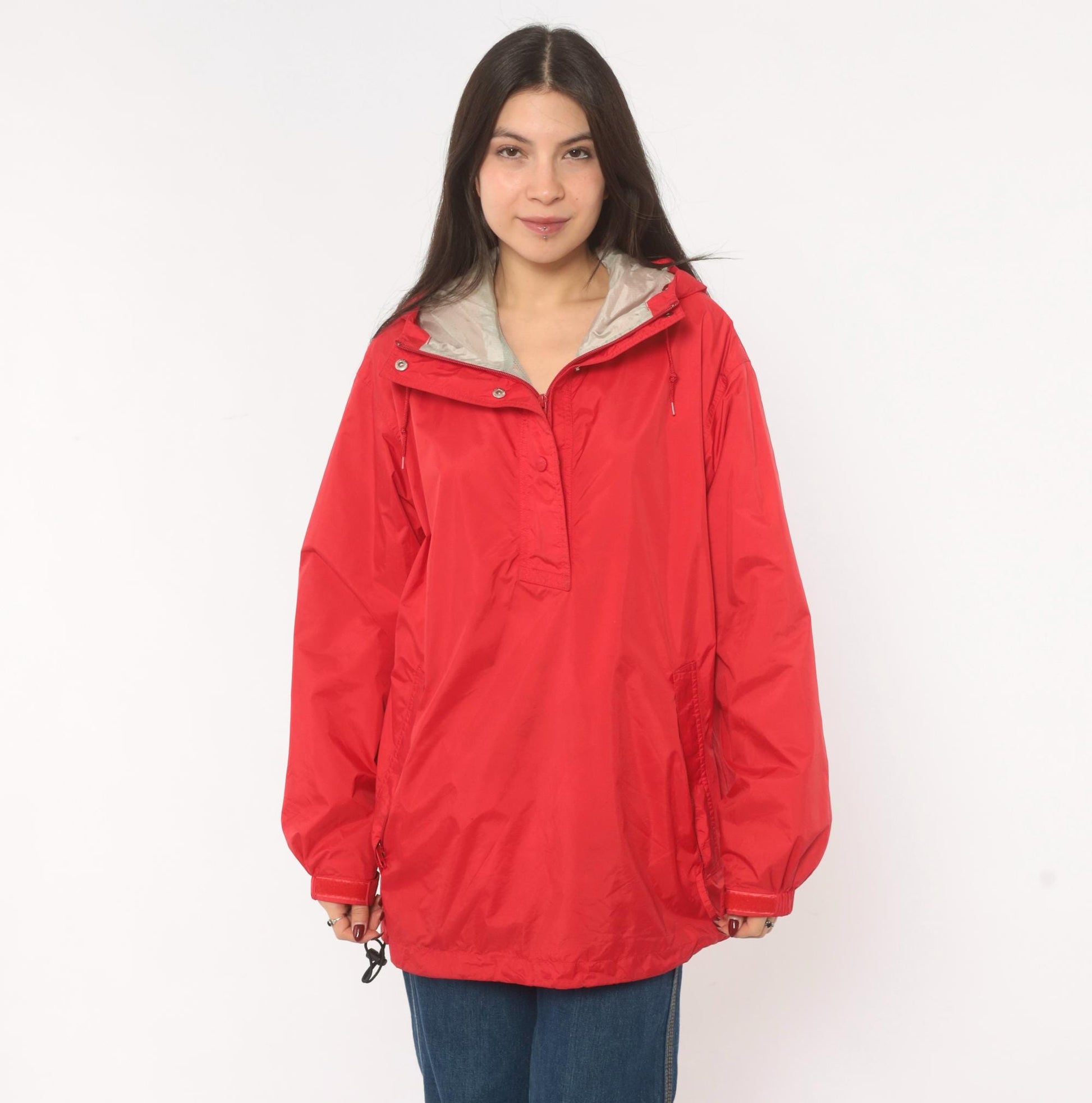 90s L.L.Bean Red Anorak Half-Zip Nylon Windbreaker Jacket Large L