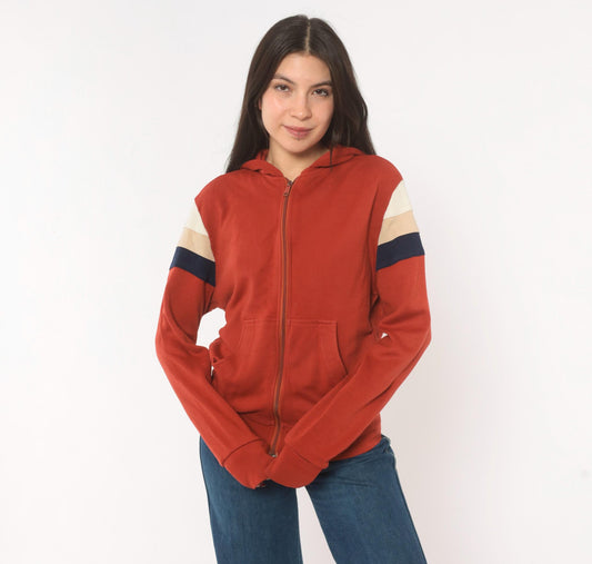80s White Stag Zip-Up Hoodie Rust Cream Navy Color Block Medium