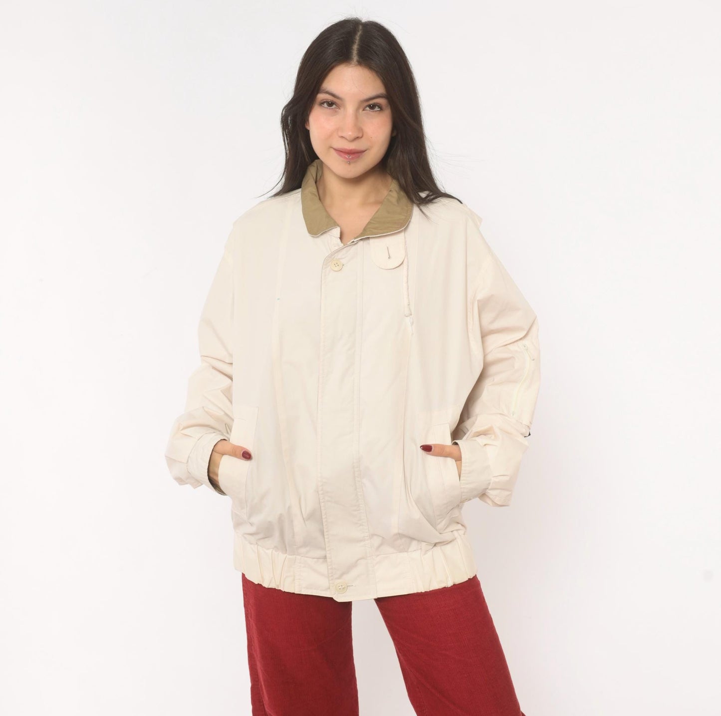 90s London Fog Windbreaker Jacket Cream Tan Collar Medium M