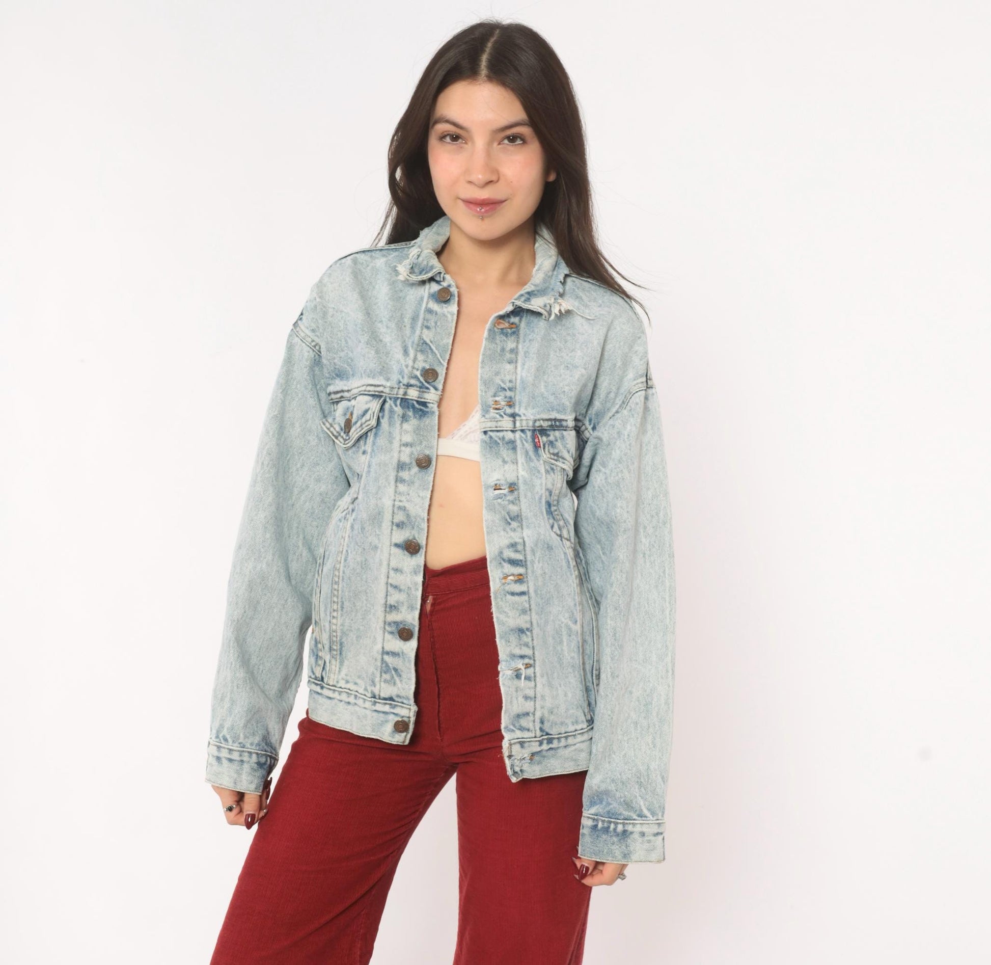 80s Levi's Acid Wash Denim Trucker Jacket Light Blue Distressed XS