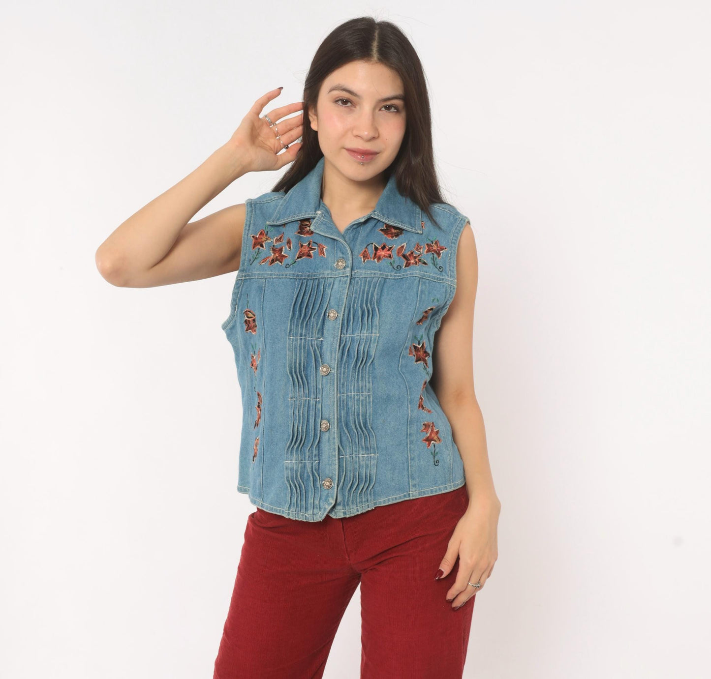 90s Spell Bound Leaf Embroidered Denim Vest Blue Chambray Pintuck Medium M