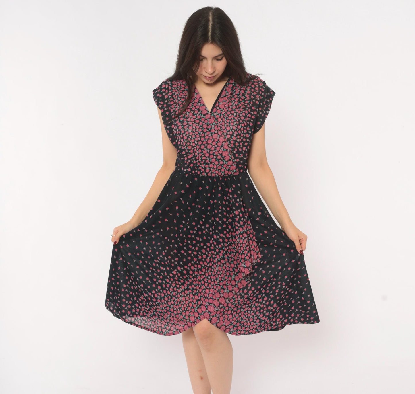70s JT Jody of California Floral Wrap Dress Black Pink Gradient Knee-Length Medium