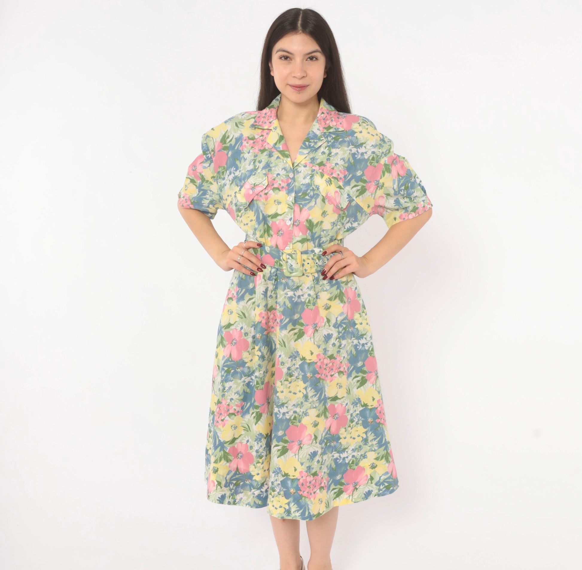 80s Cabrais Floral Midi Shirtdress Puff Sleeve Belted Pink Garden Medium