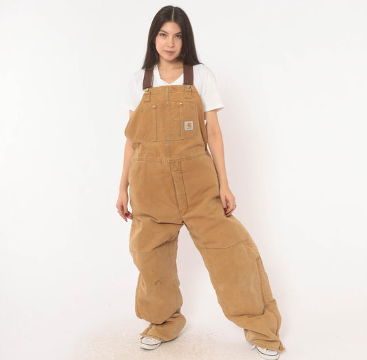 Carhartt Quilted Bib Overalls Tan Duck Canvas Double Knee Workwear XXL