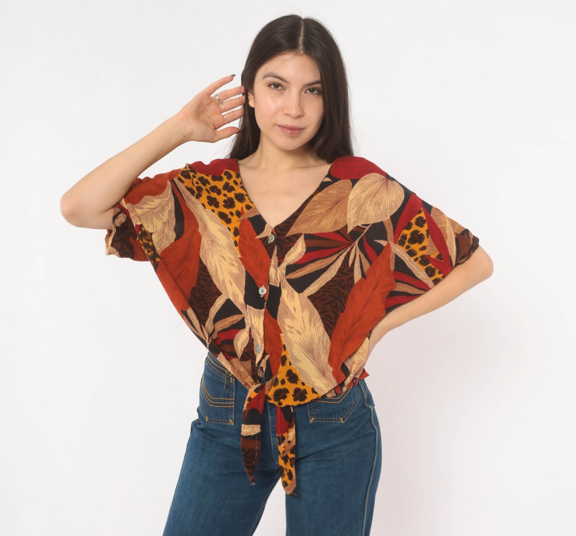 90s Options Melrose Tropical Leopard Button Blouse Tie Front Large L