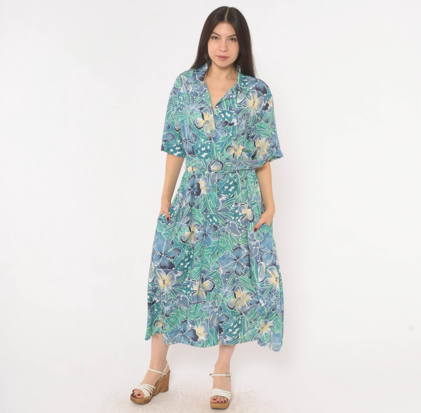 80s Elinor Carolina Maid Tropical Floral Shirtdress Blue Midi Medium