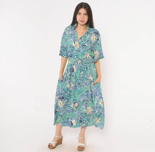 80s Elinor Carolina Maid Tropical Floral Shirtdress Blue Midi Medium