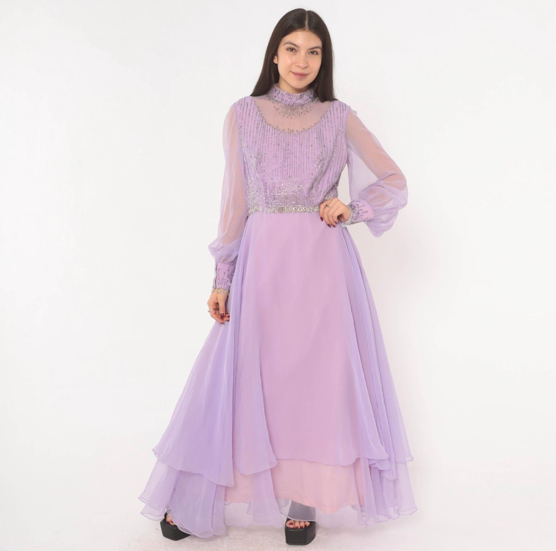 70s Lavender Chiffon Maxi Dress Beaded Bodice Bishop Sleeve Evening Gown Large L