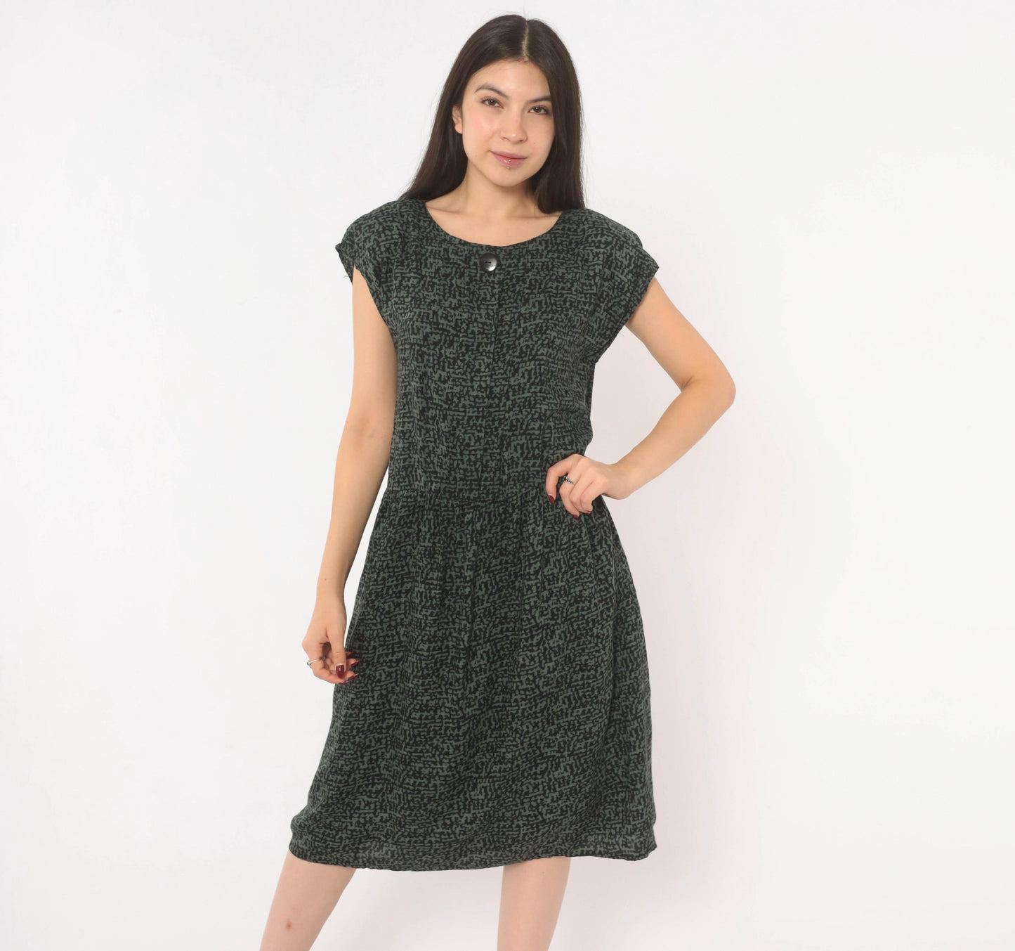 90s Items Abstract Print Dress Olive Black Cap Sleeve Medium M