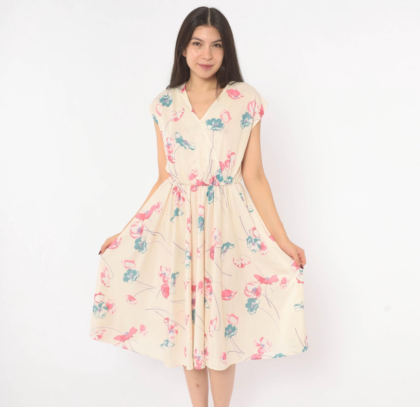 80s Floral Wrap Dress Cream Pink Teal Cap Sleeve Knee Length Medium