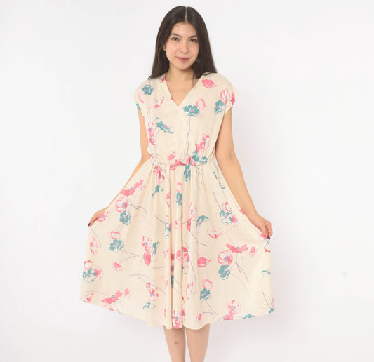 80s Floral Wrap Dress Cream Pink Teal Cap Sleeve Knee Length Medium