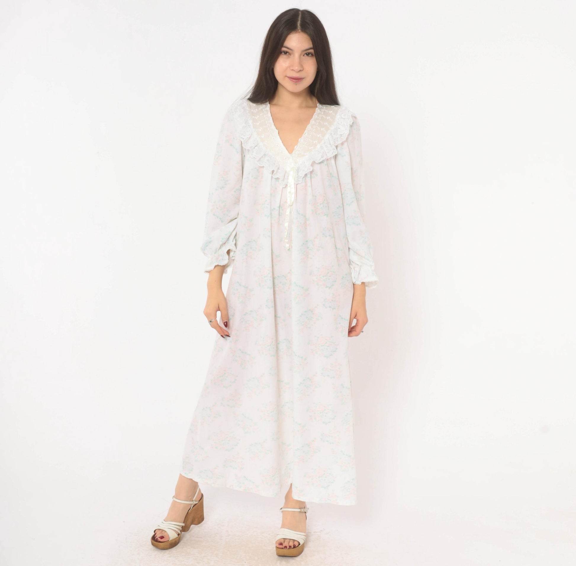 90s Gilligan O'Malley Floral Maxi Robe Puff Sleeve Eyelet Collar Pink Teal Medium M