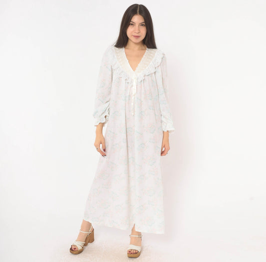 90s Gilligan O'Malley Floral Maxi Robe Puff Sleeve Eyelet Collar Pink Teal Medium M