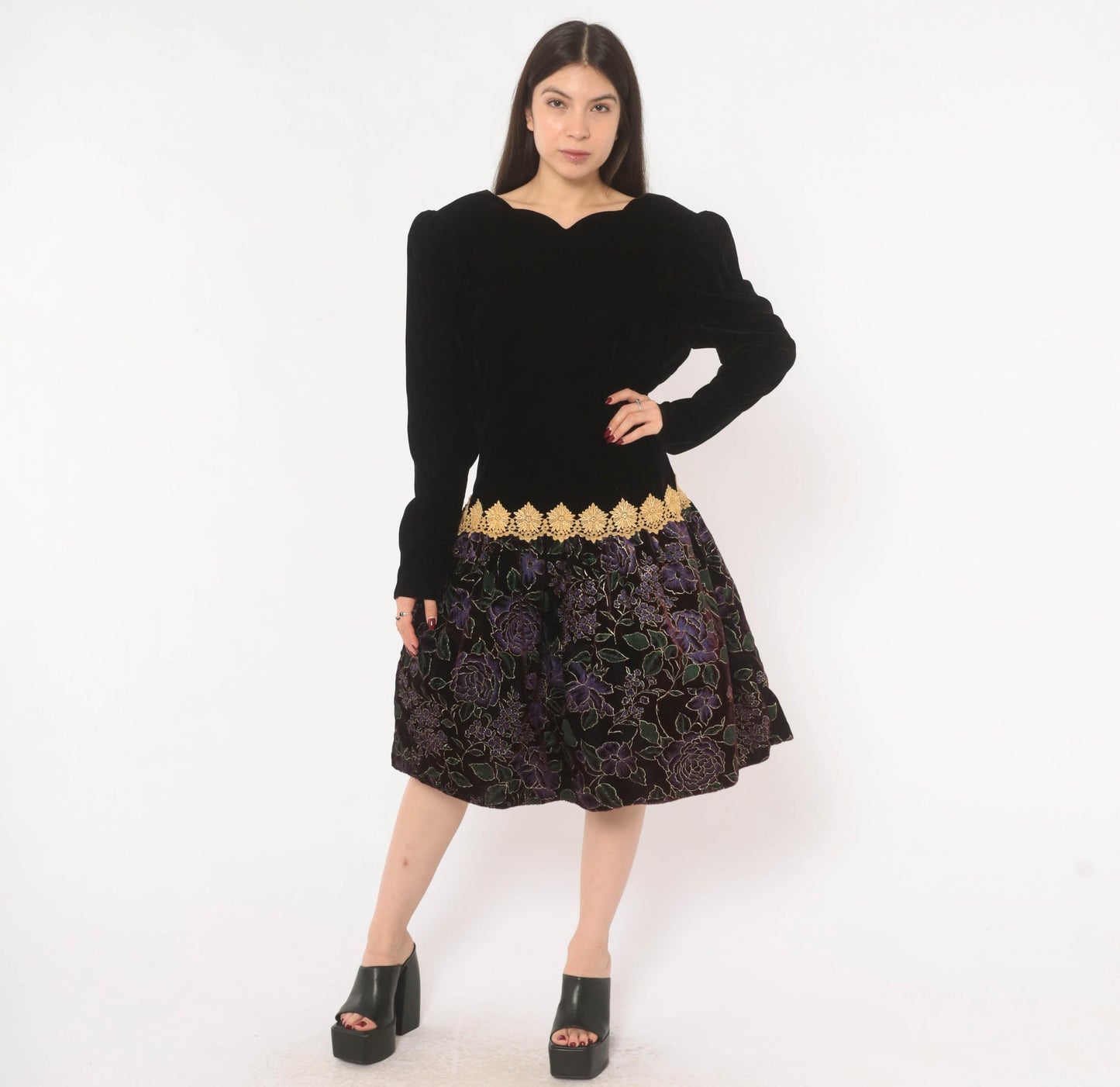 90s Scott Mcclintock Black Velvet Drop Waist Dress Purple Floral Open Back Large
