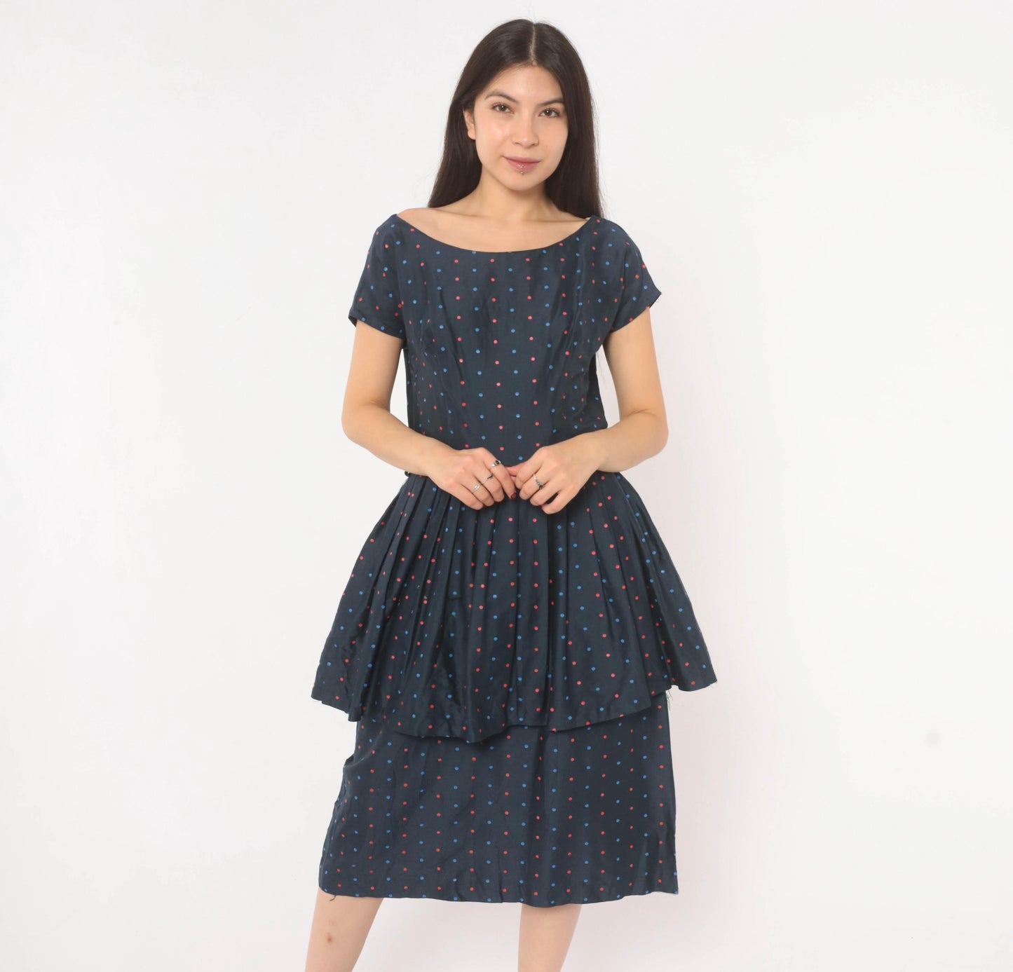60s Navy Polka Dot Peplum Dress Red Blue Cap Sleeve Fitted Waist Medium M