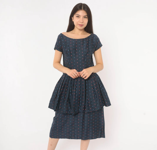 60s Navy Polka Dot Peplum Dress Red Blue Cap Sleeve Fitted Waist Medium M