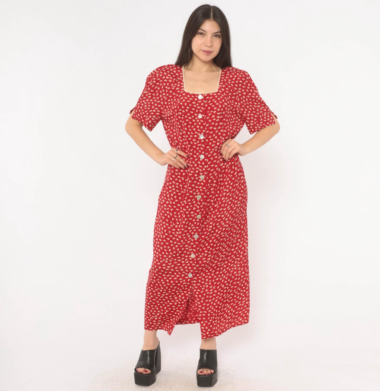 90s Anthony Mark Hankins Red Floral Maxi Dress Square Neck Lace Trim Large L