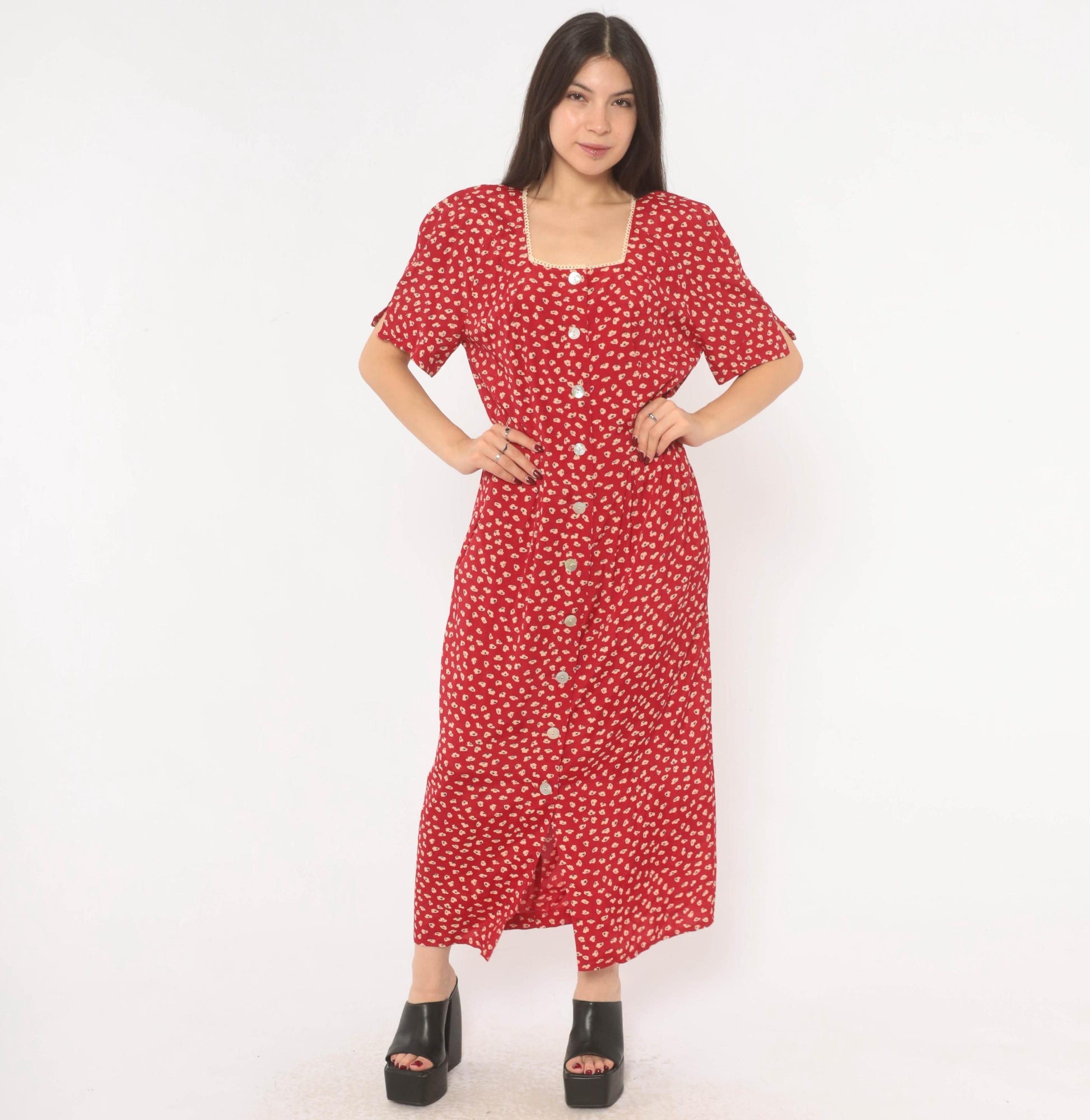 90s Anthony Mark Hankins Red Floral Maxi Dress Square Neck Lace Trim Large L