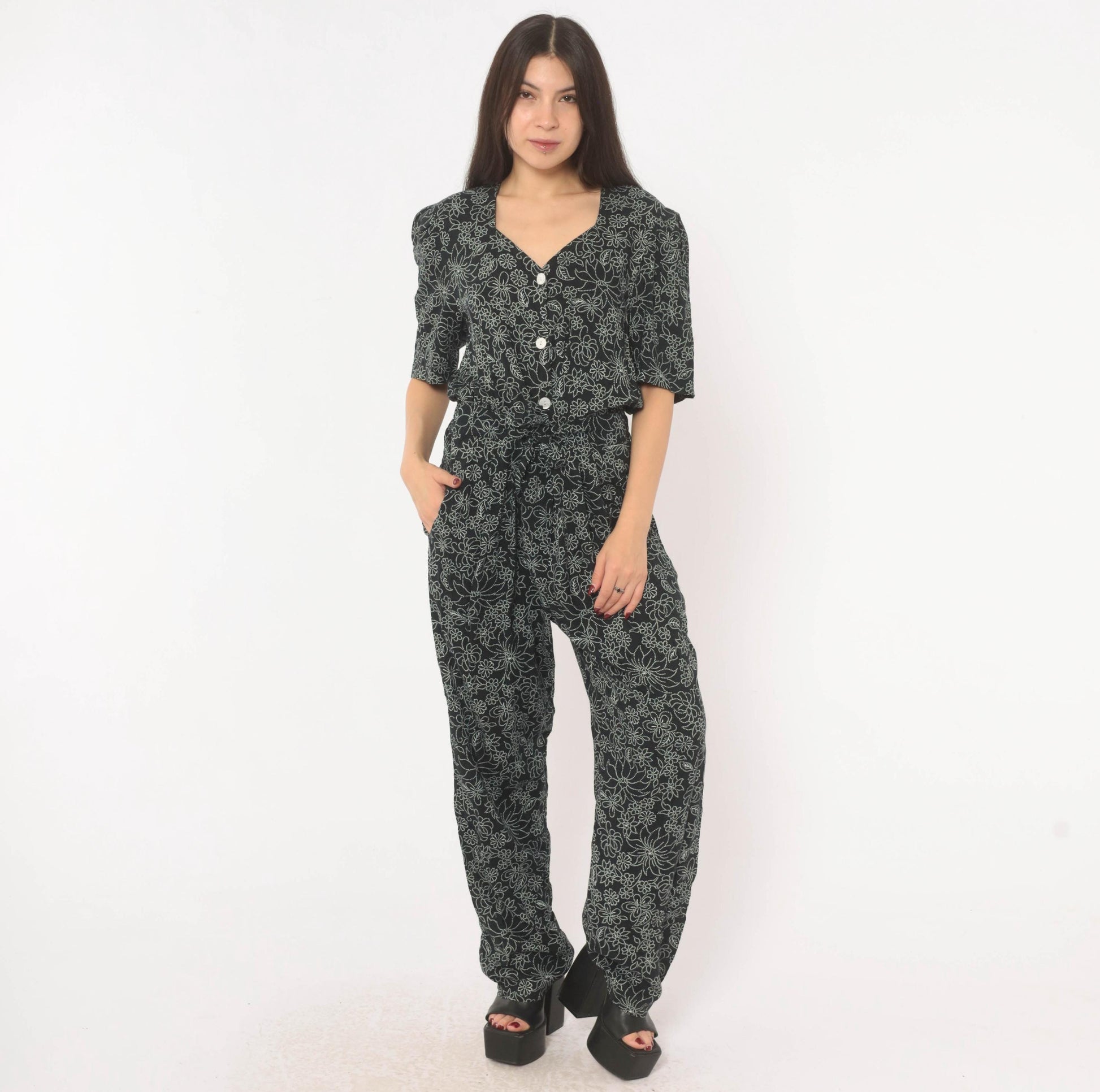 90s Molly Malloy Floral Jumpsuit Black White Dotted Print V Neck Small