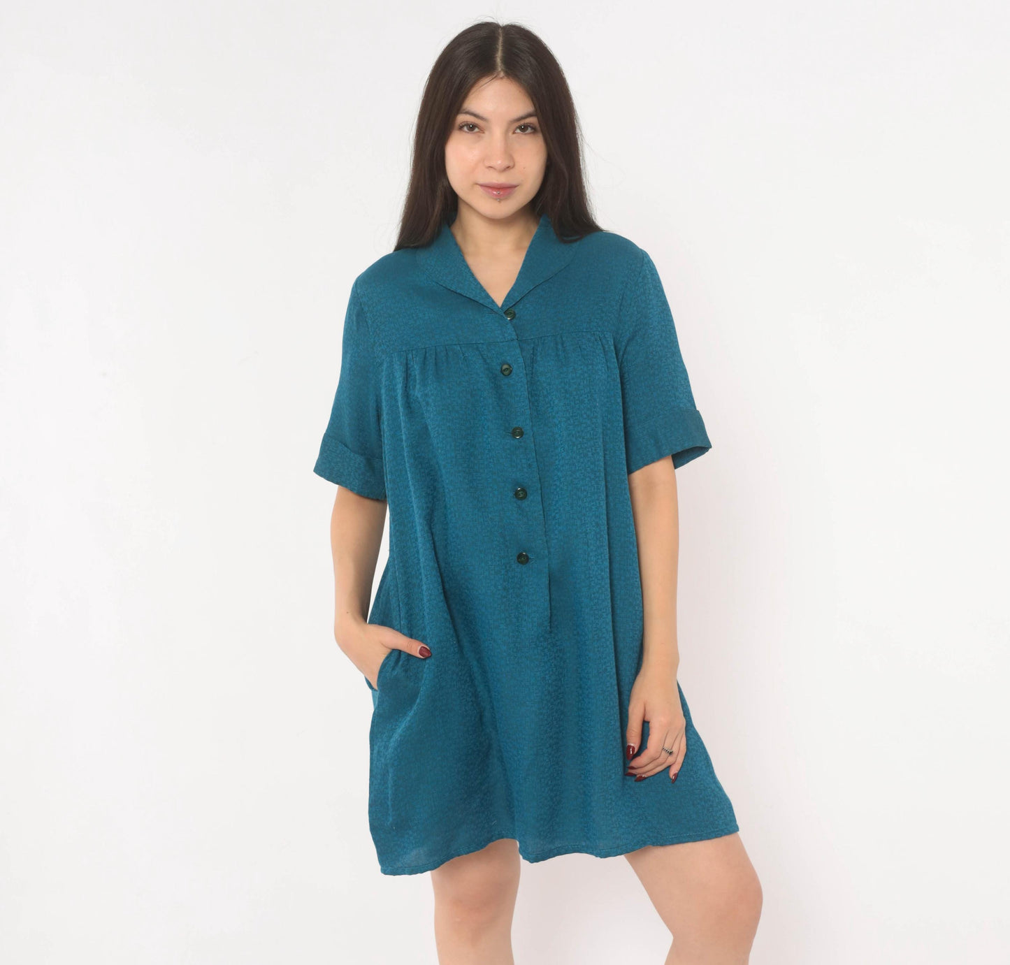 60s Royal Dry Goods Mod Shift Dress Teal Button Front Cotton Medium M