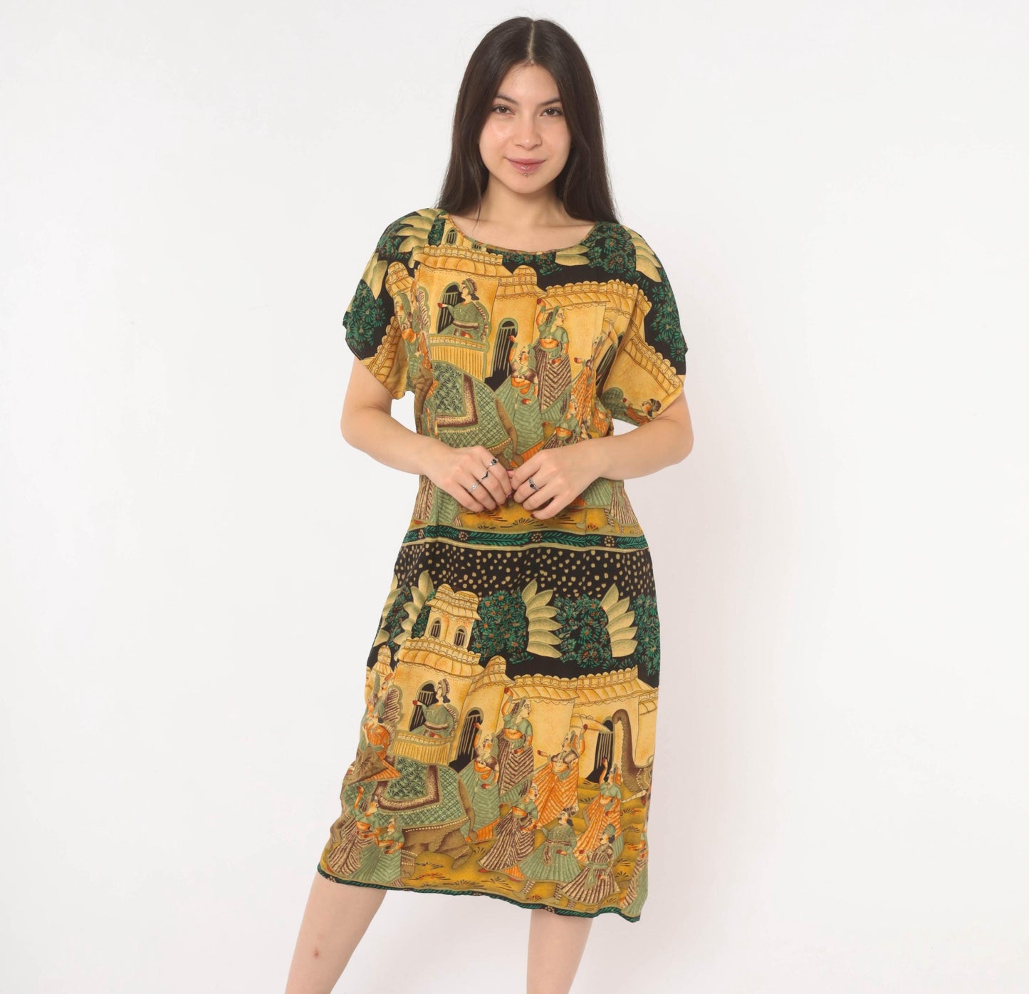 90s Mughal Palace Print Shift Dress Mustard Green Rayon Medium M