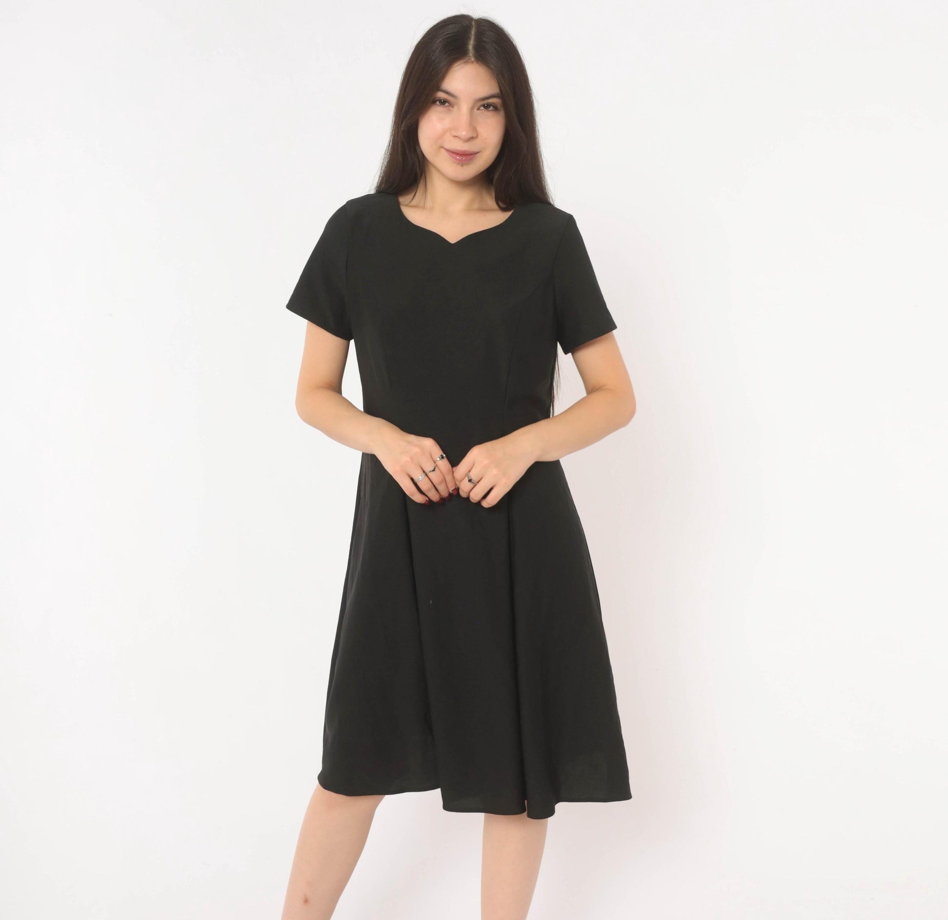 90s Black A-Line Dress Sweetheart Neckline Cap Sleeve Knee-Length Large L