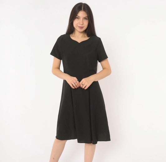 90s Black A-Line Dress Sweetheart Neckline Cap Sleeve Knee-Length Large L