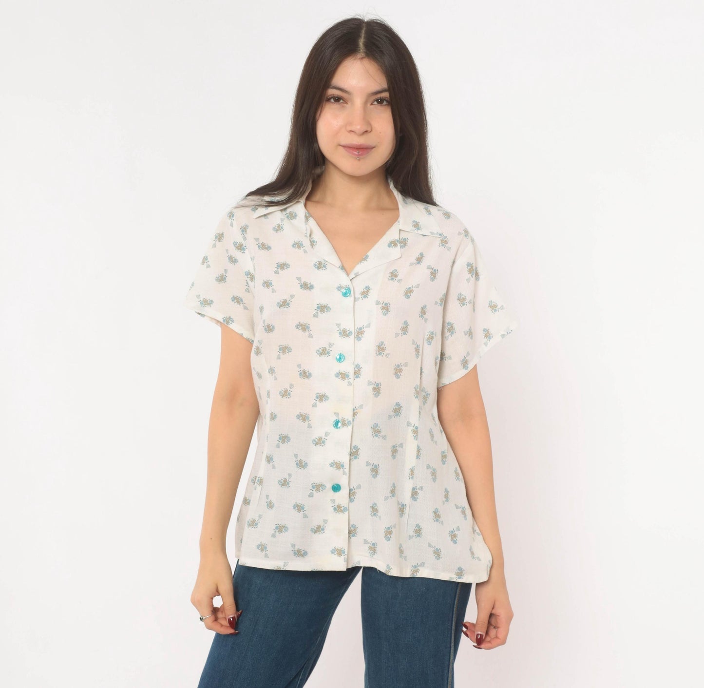 70s White Floral Camp Collar Shirt Cotton Blue Ditsy Print Large L