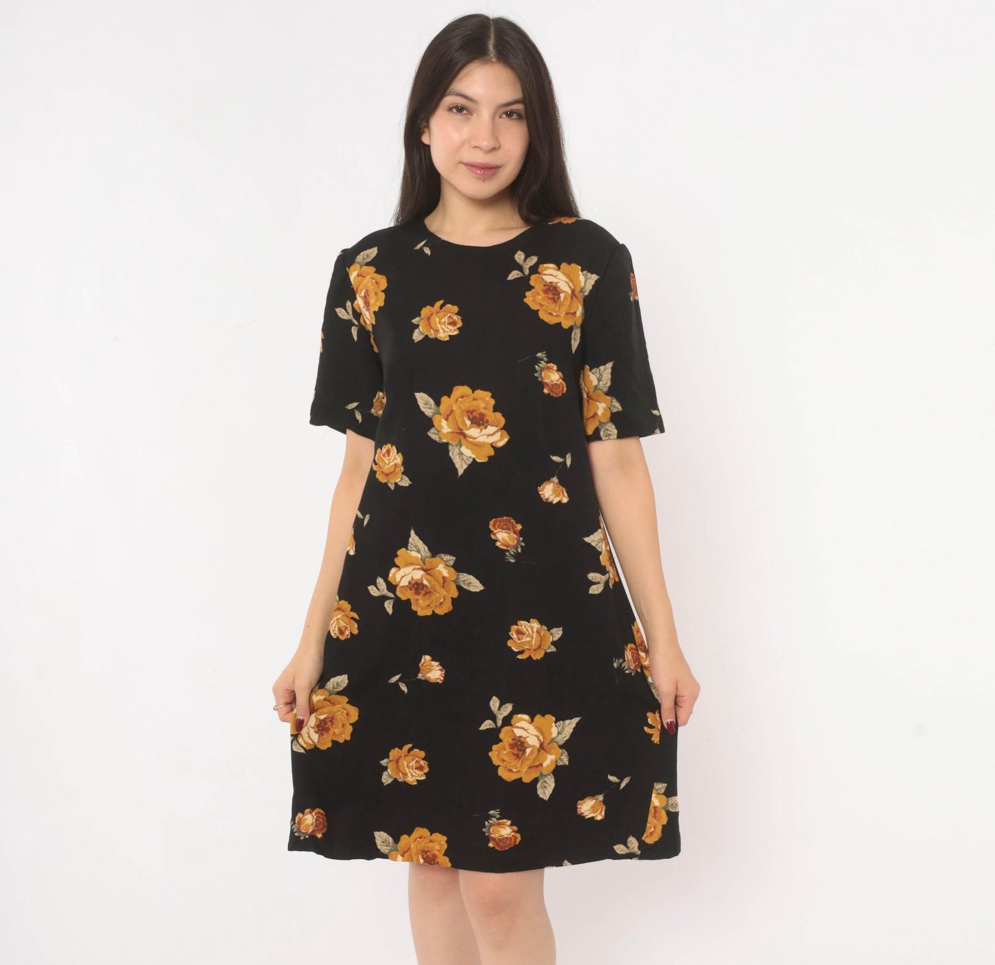 90s Black Floral Shift Dress Mustard Rose Print Cotton Crew Neck Medium M