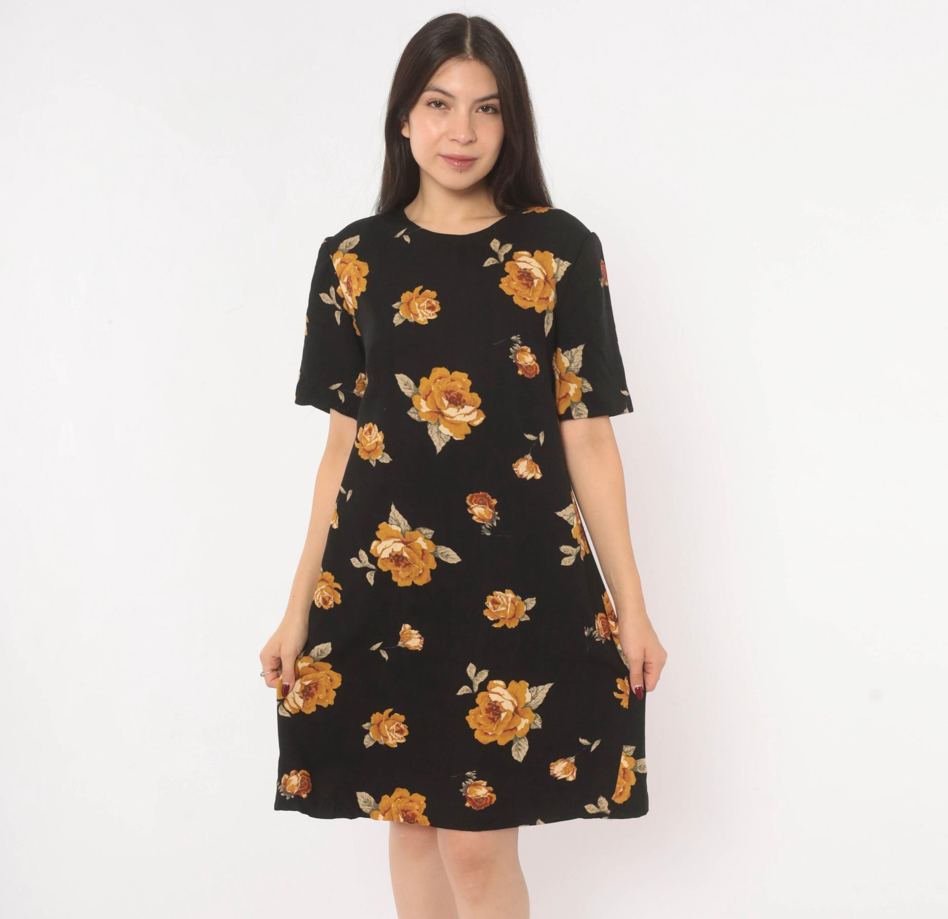 90s Black Floral Shift Dress Mustard Rose Print Cotton Crew Neck Medium M