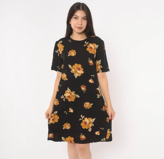 90s Black Floral Shift Dress Mustard Rose Print Cotton Crew Neck Medium M