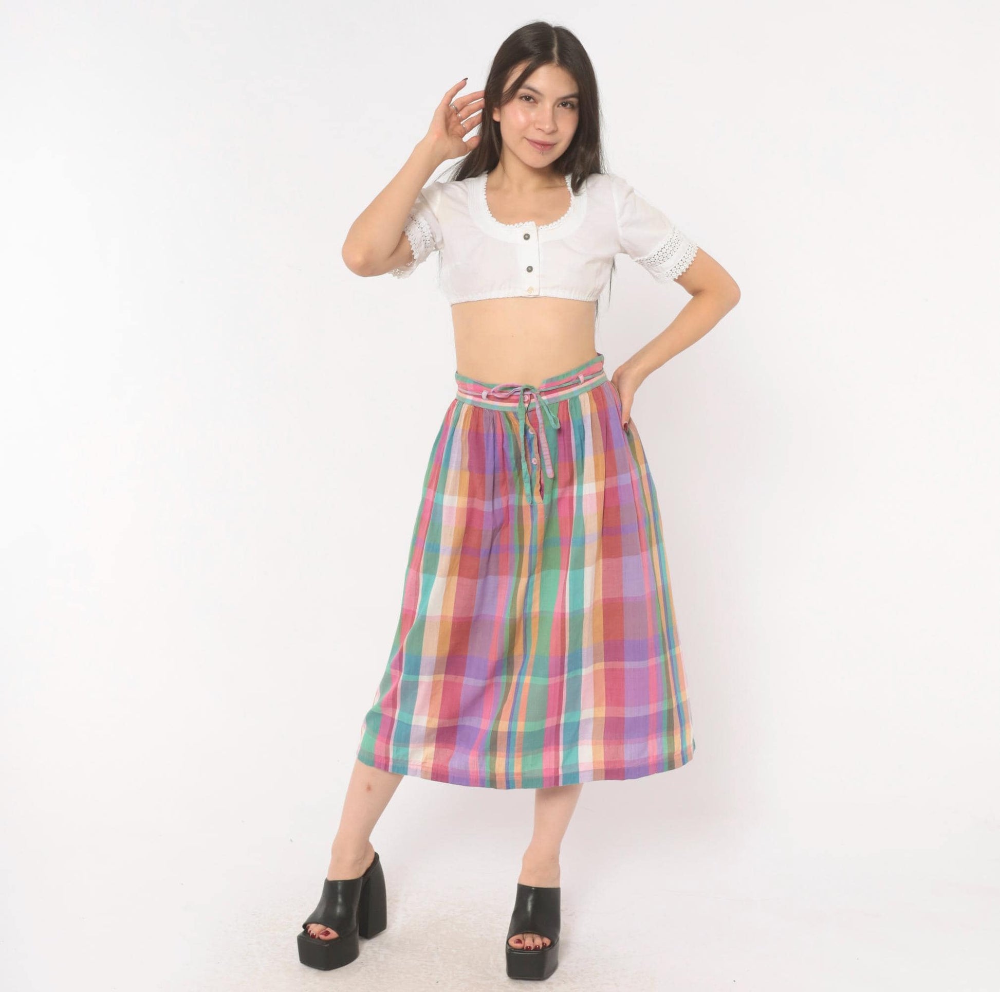 80s Michel Madras Plaid Cotton Midi Skirt Gathered A-Line Pink Teal Small