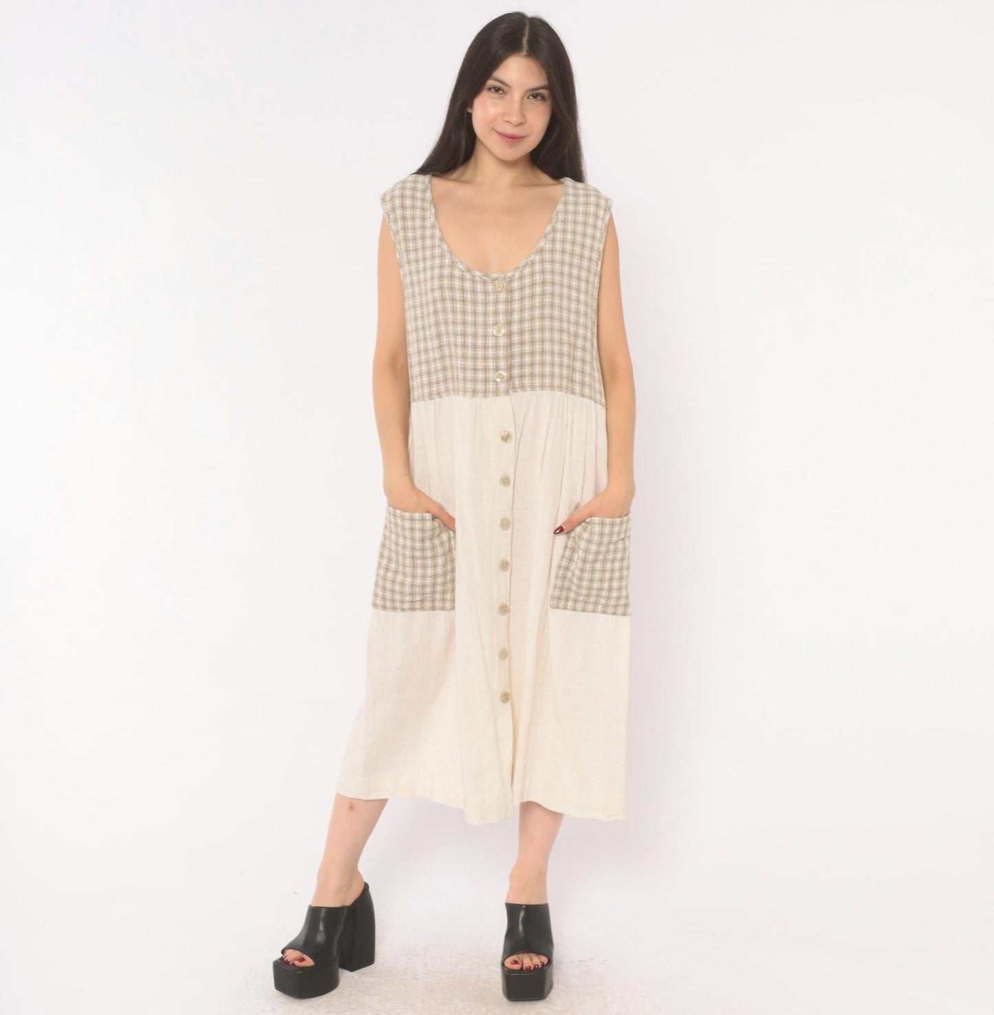90s Two Twenty Gingham Midi Jumper Dress Tan Cream Cotton Linen Large