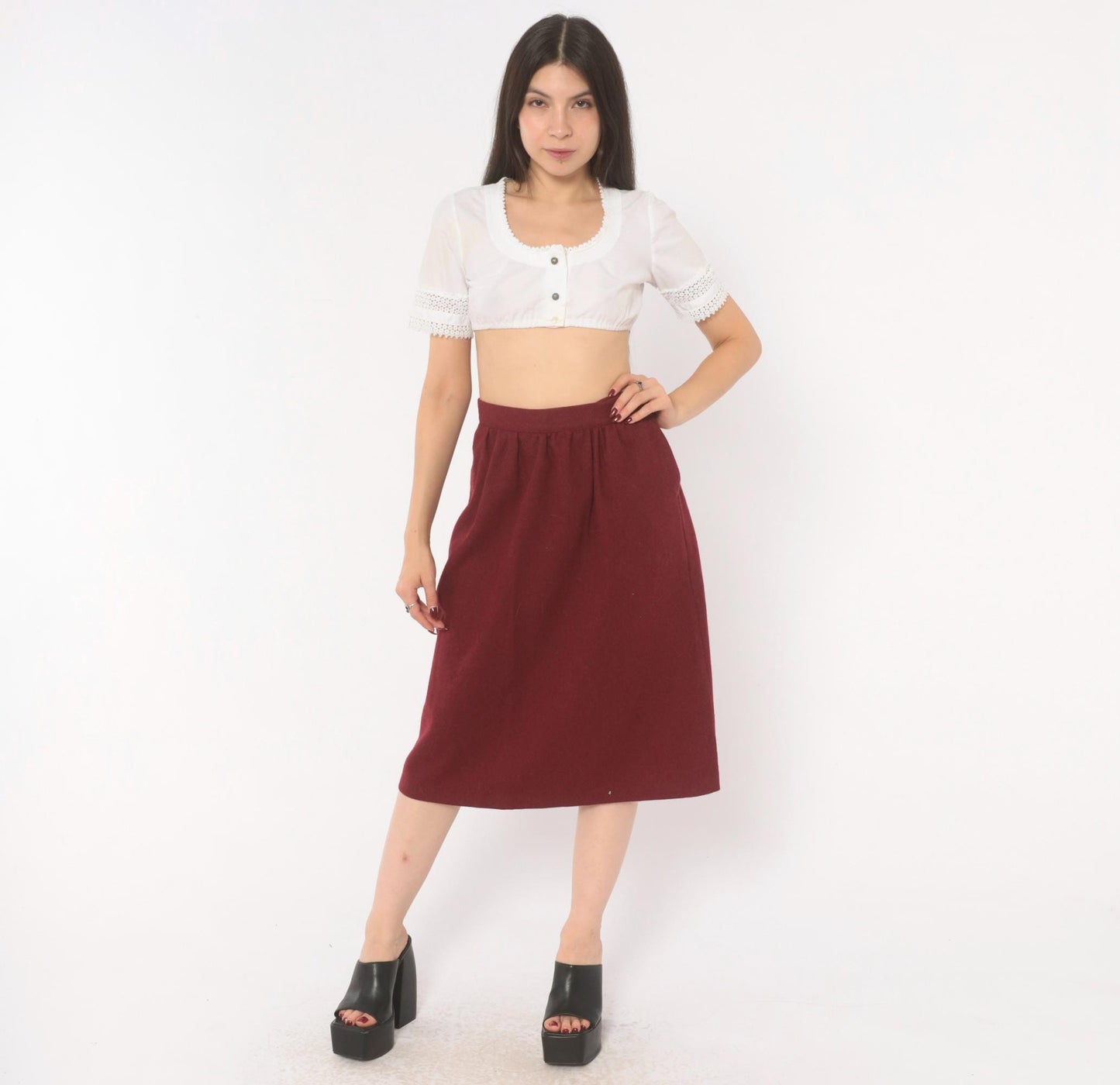 80s Sag Harbor Burgundy Wool A-Line Skirt Pleated Pockets Small