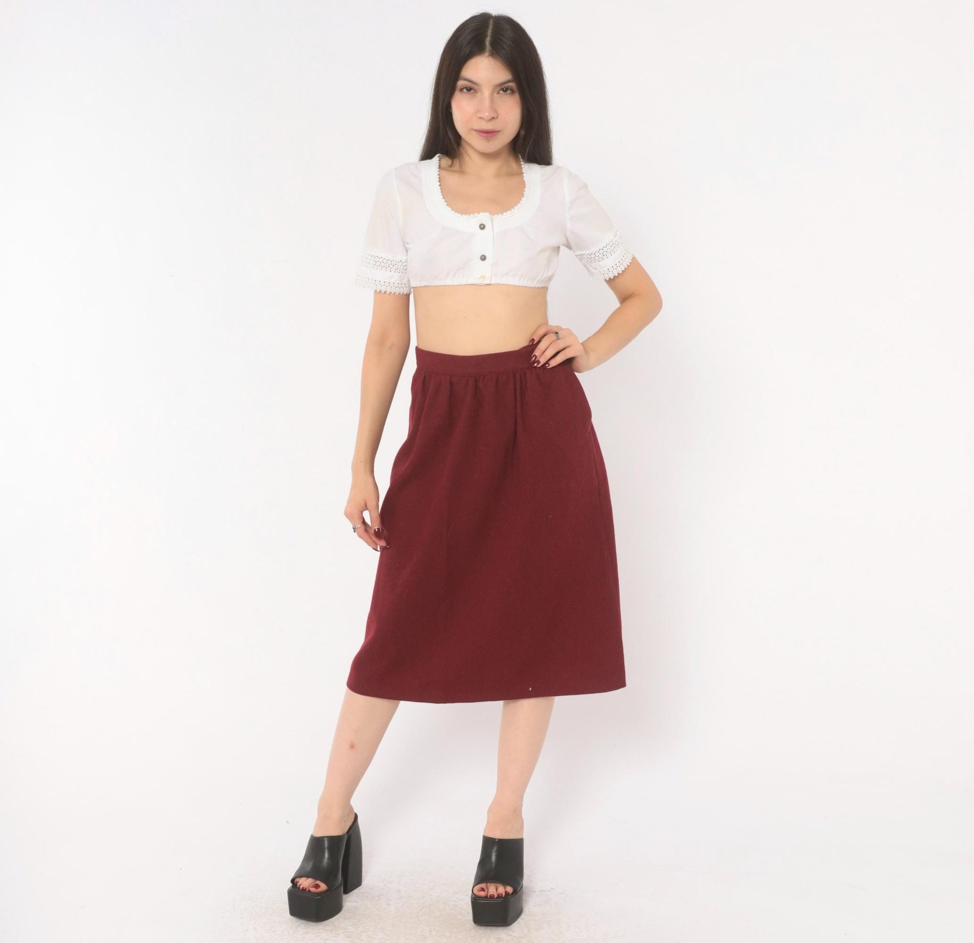80s Sag Harbor Burgundy Wool A-Line Skirt Pleated Pockets Small