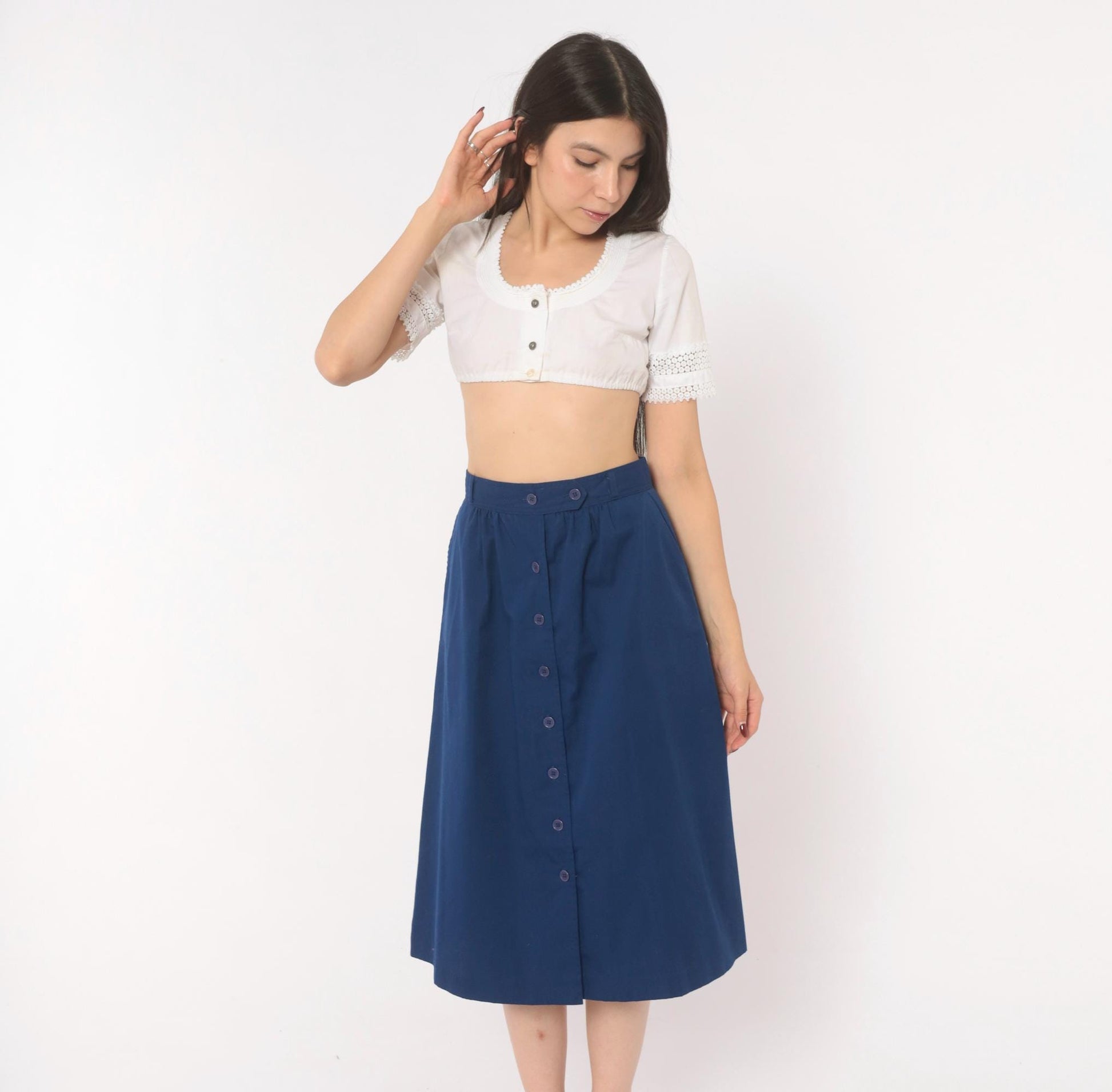 80s Navy Button Front A-Line Skirt Cotton Knee Length Medium M