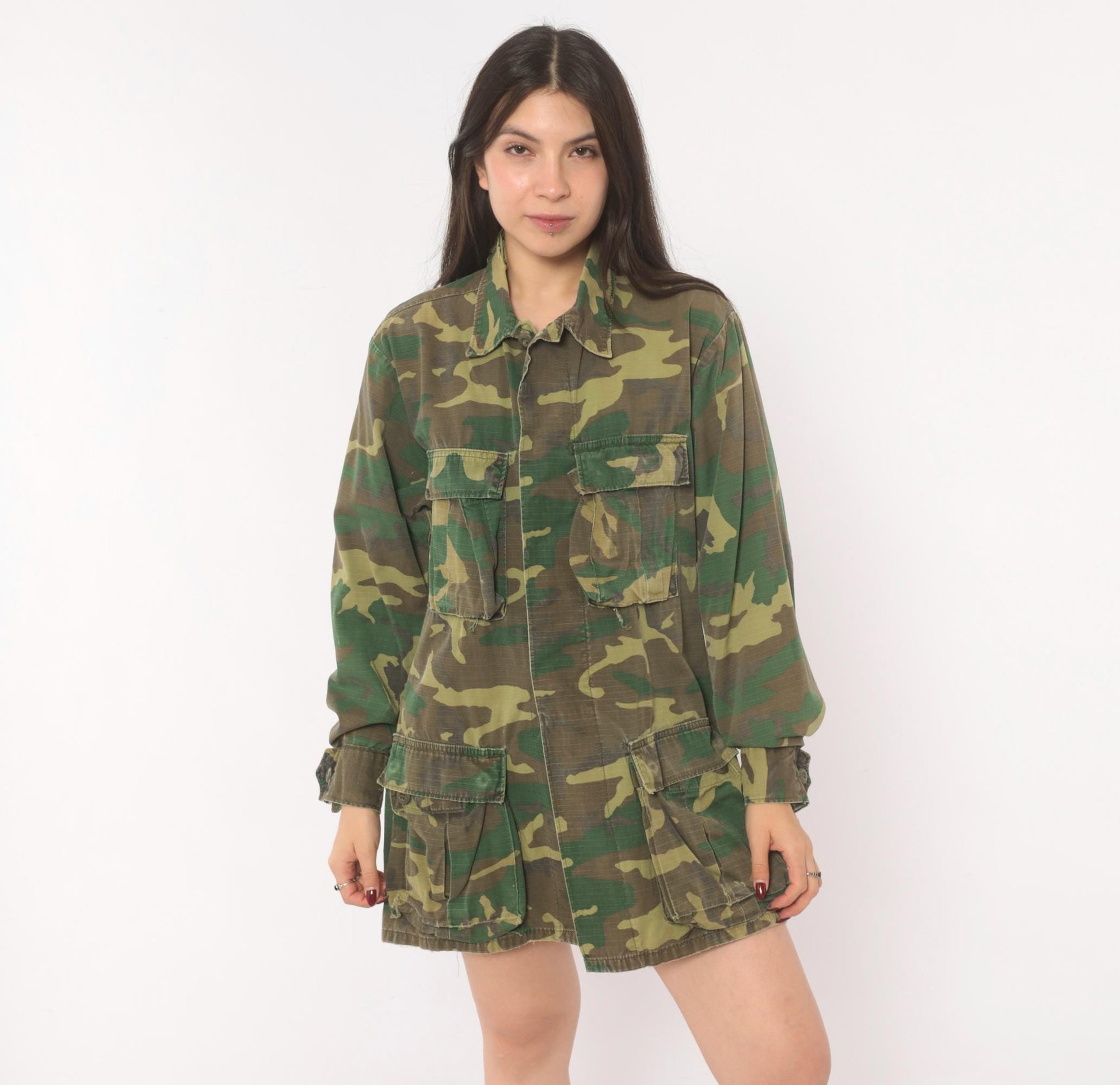 90s Woodland Camouflage Field Jacket Cotton Button Front Medium