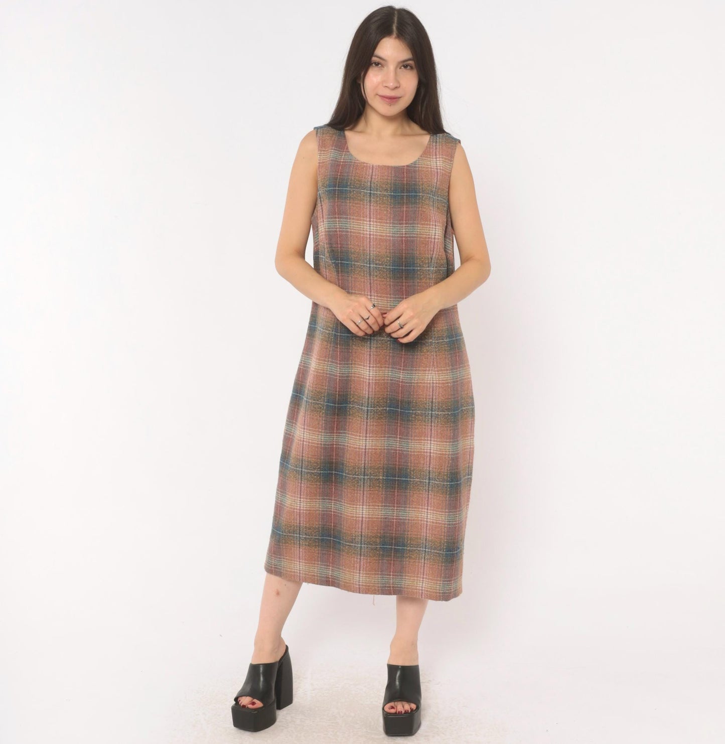 Y2K Chadwicks Plaid Wool Midi Dress Sleeveless A-Line Pink Teal Large L
