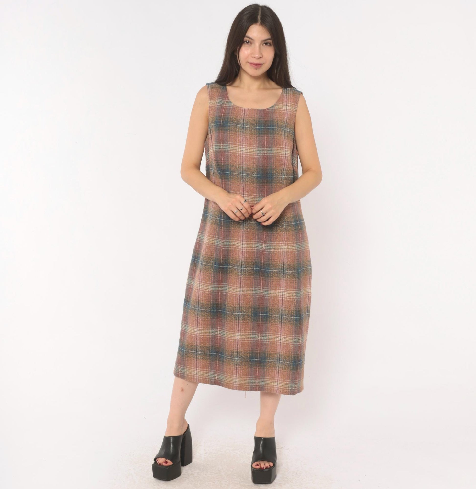 Y2K Chadwicks Plaid Wool Midi Dress Sleeveless A-Line Pink Teal Large L