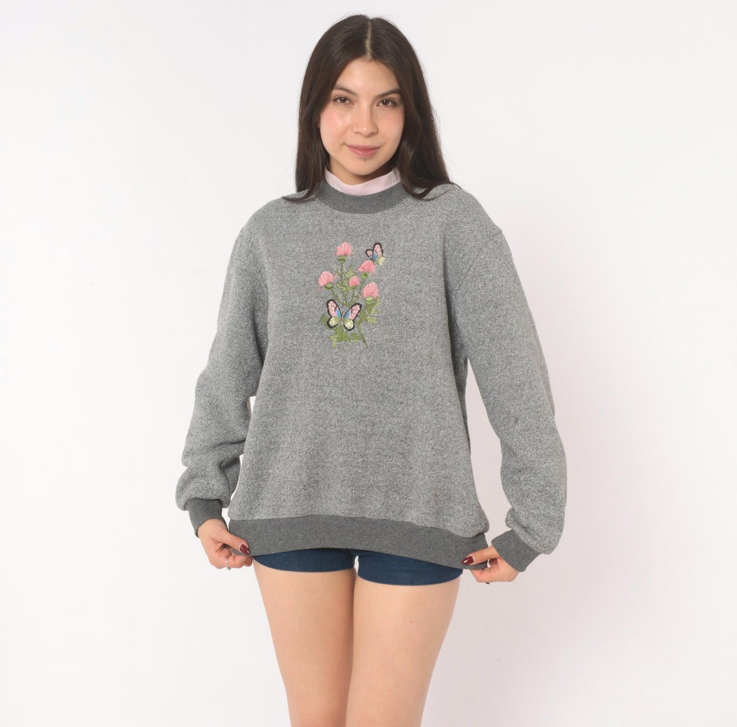 90s Bonworth Embroidered Butterfly Floral Sweatshirt Grey Crewneck Large L