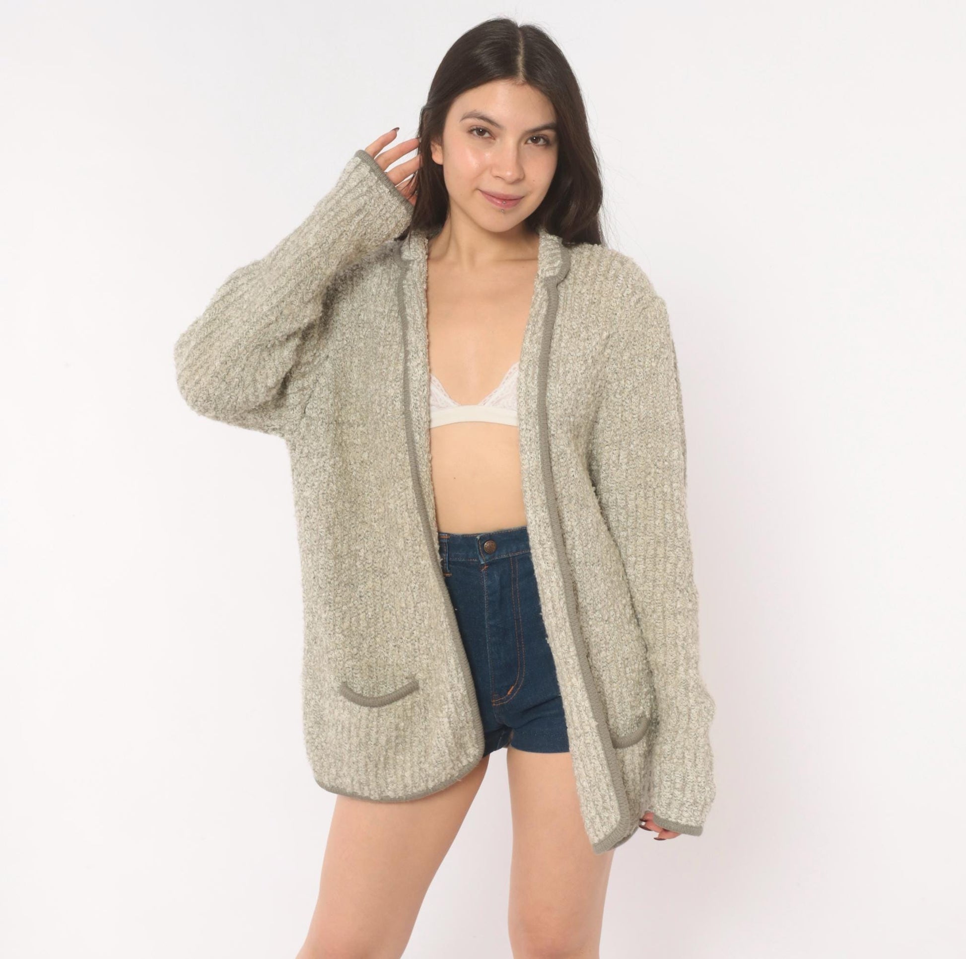 70s Harrington Square Bouclé Cardigan Grey Patch Pocket Knit Large L