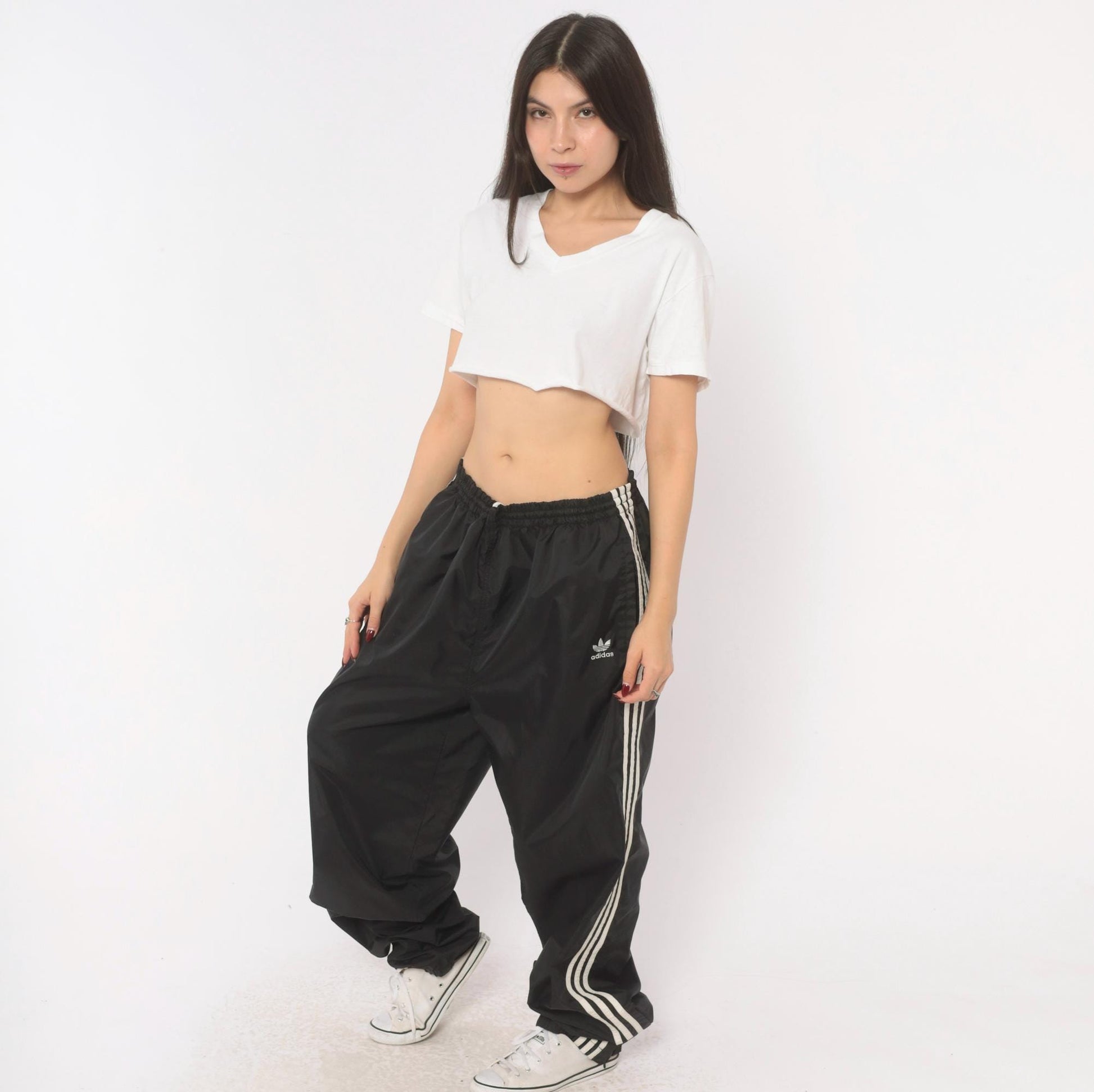 90s Adidas Track Pants Black White Three Stripe Nylon Trefoil Extra Large XL