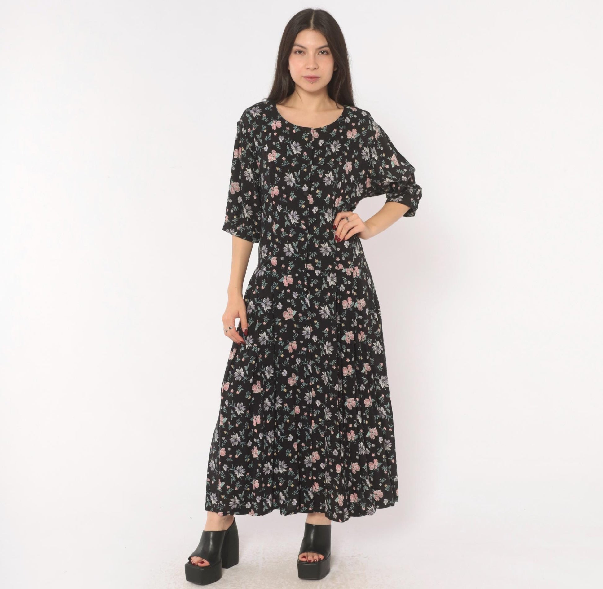 Y2K Putumayo Black Floral Maxi Dress Pink Lavender Button Front Large L