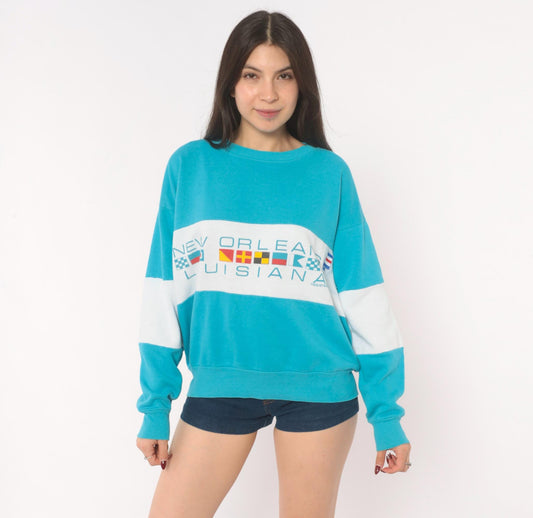 90s Resort Works New Orleans Color Block Sweatshirt Teal White Nautical Large L