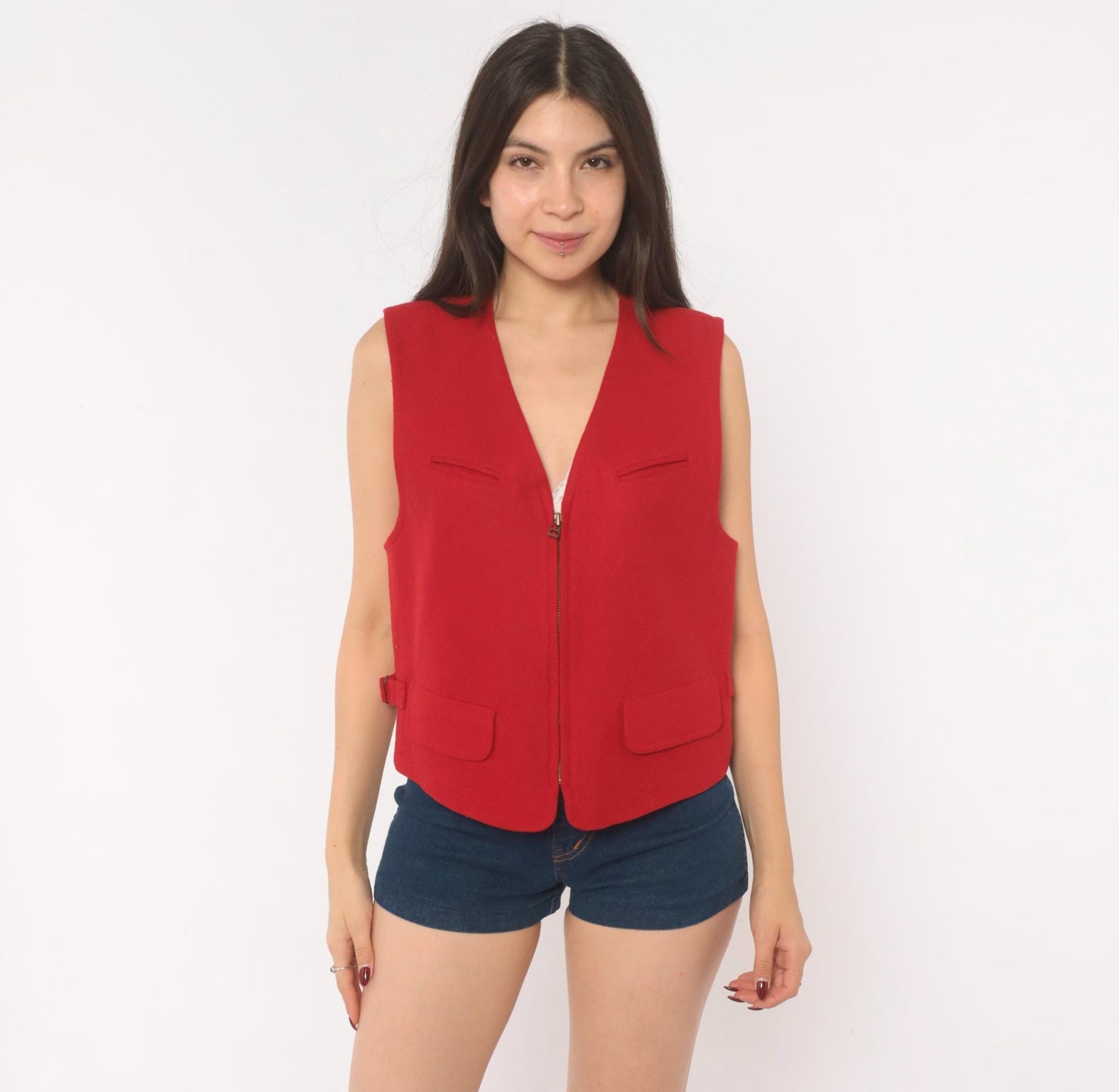 90s Wilderness Bound Liz Sport Red Wool Vest V Neck Zip Front Medium