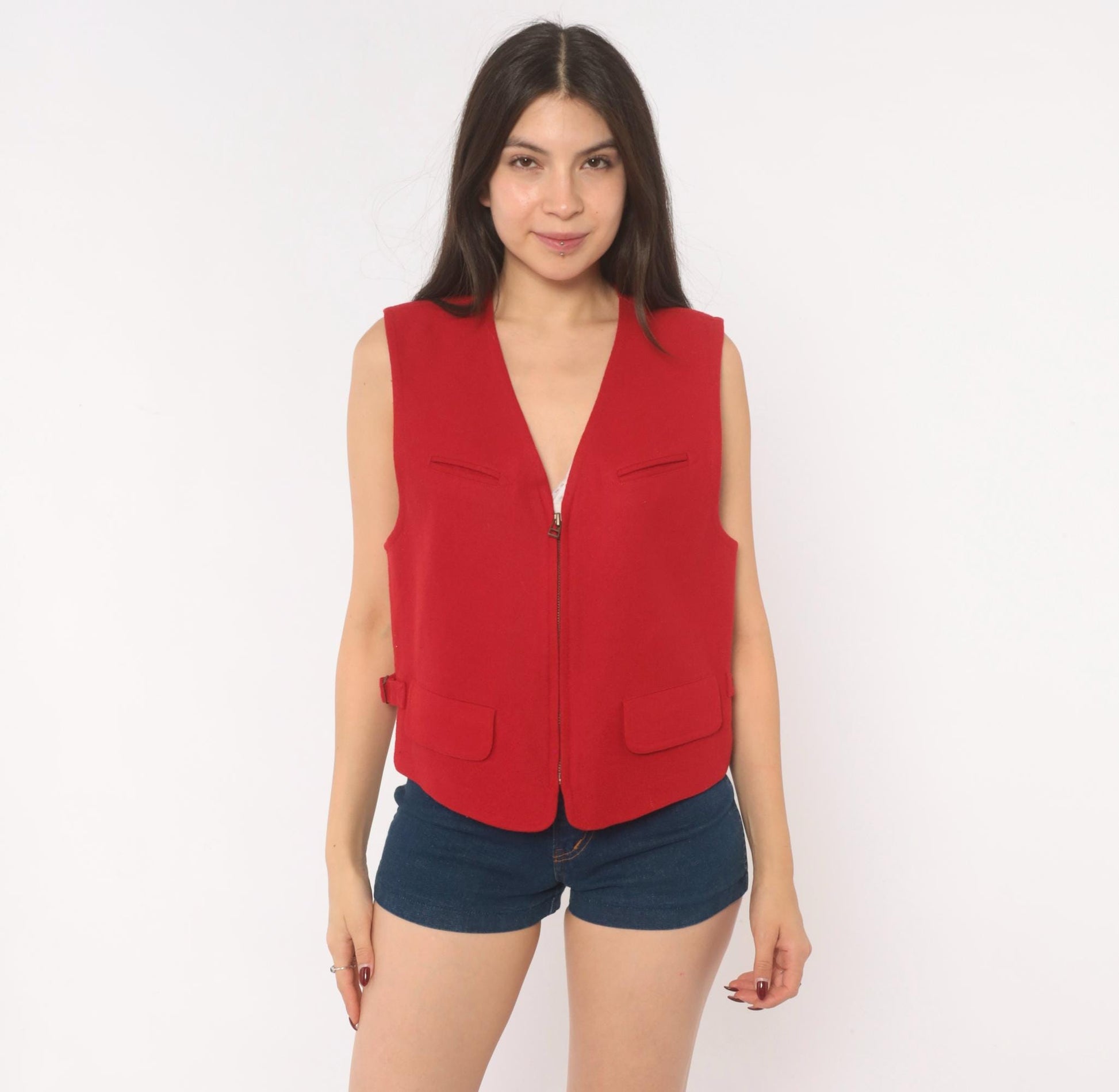 90s Wilderness Bound Liz Sport Red Wool Vest V Neck Zip Front Medium