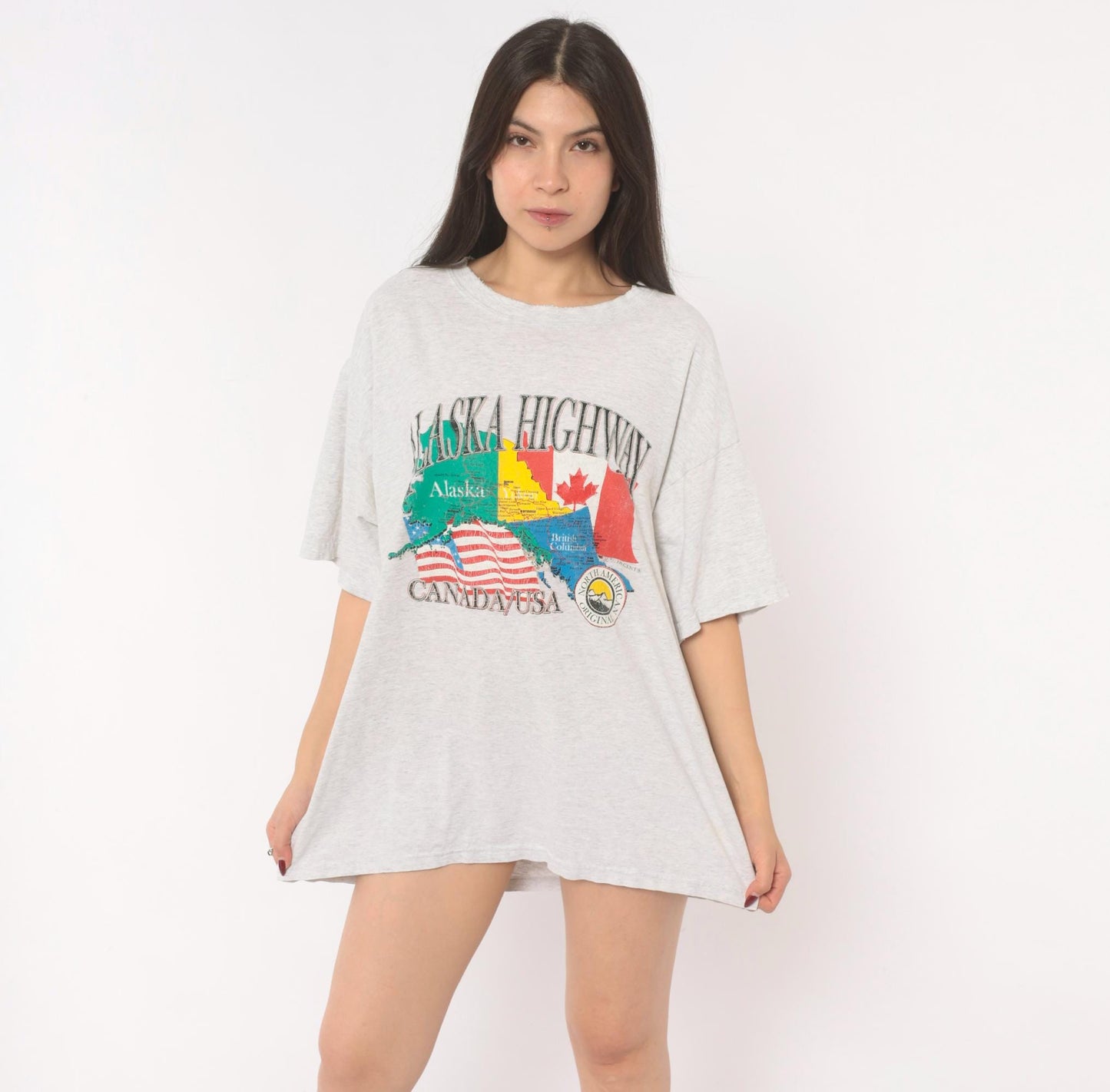 90s Alaska Highway Map Graphic Tee Gildan Heather Grey Extra Large XL