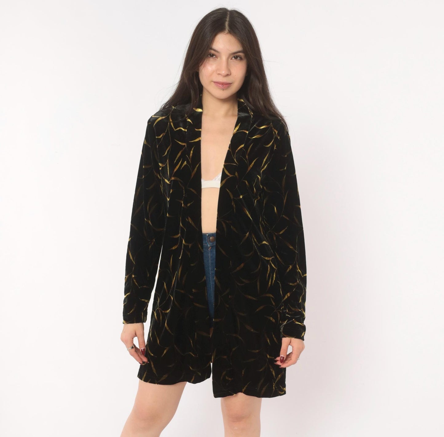90s Ronni Nicole Black Velvet Duster Gold Leaf Botanical Print Shawl Collar Small Medium