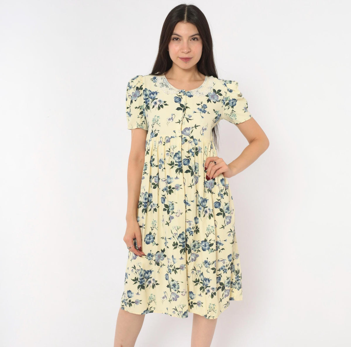 90s Swat Floral Babydoll Dress Cream Blue Puff Sleeve Lace Collar Extra Small XS
