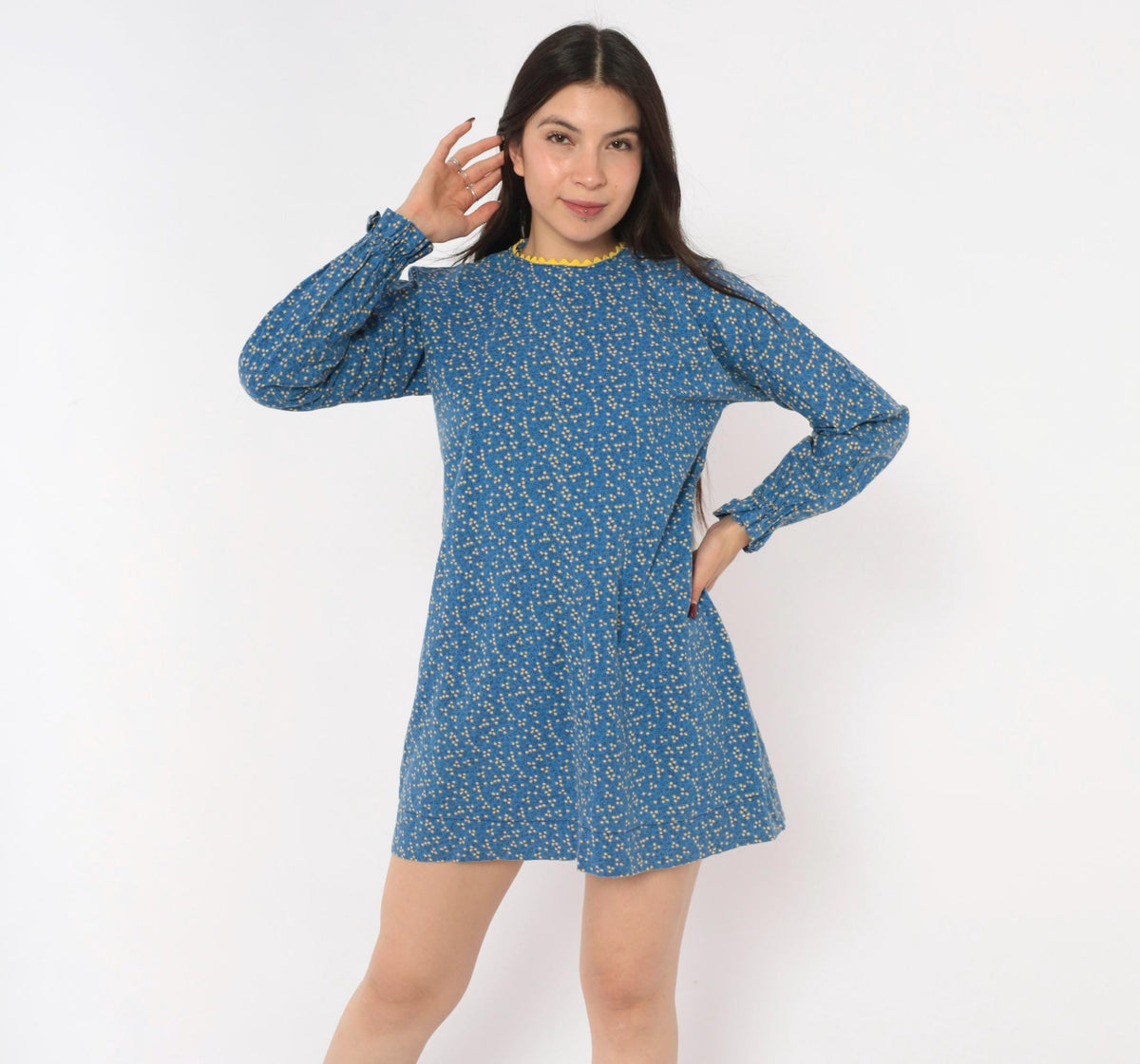 70s Ditsy Floral Cotton Mini Dress Blue Yellow Ric Rac Long Sleeve Extra Small XS